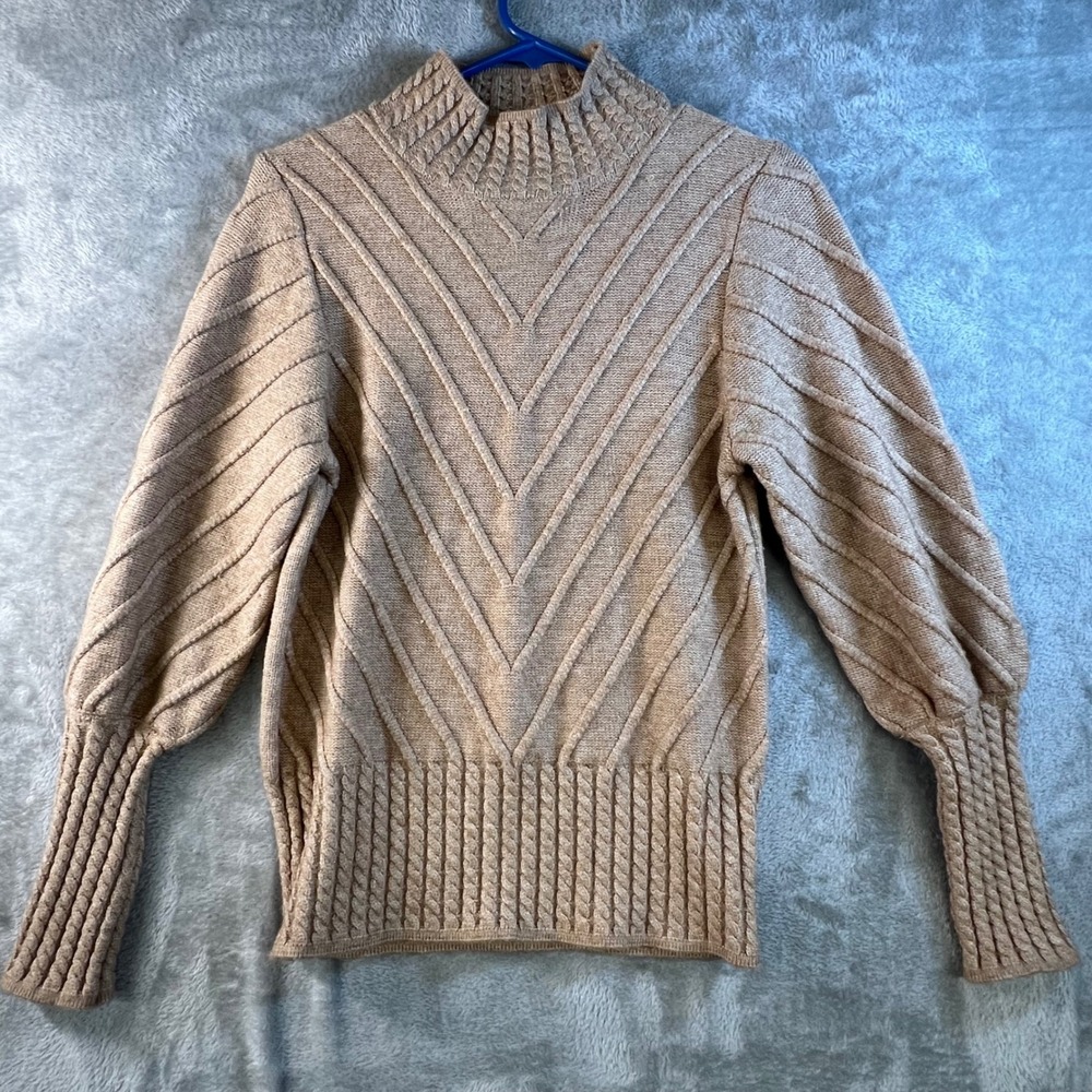 Catherine Malandrino Mock Neck Puff Sleeve Knit Sweater Beige Size S/P